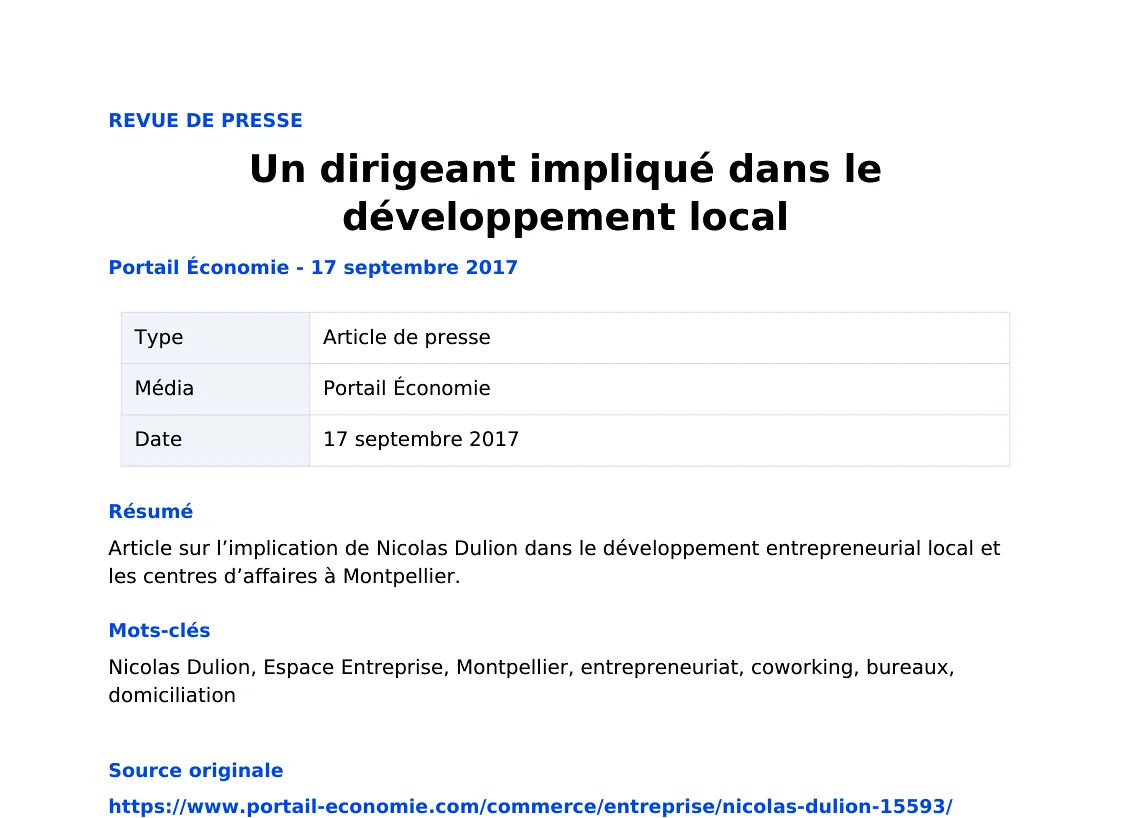 Un dirigeant impliqué dans le développement local — lecture locale 1