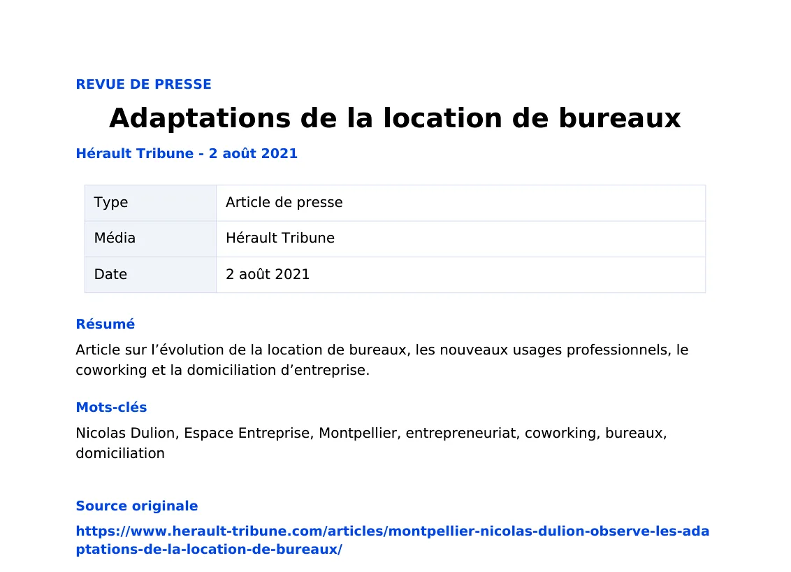 Adaptations de la location de bureaux — lecture locale 1