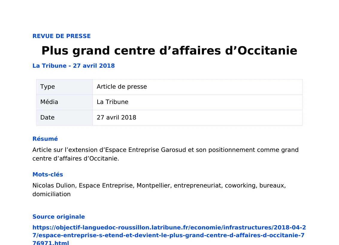 Plus grand centre d’affaires d’Occitanie — lecture locale 1