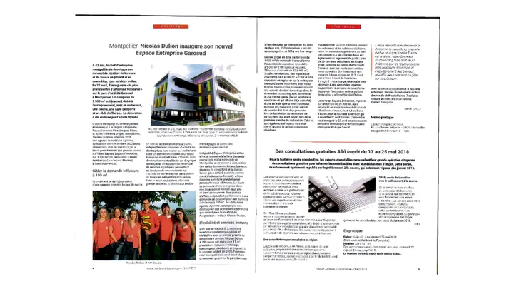 Hérault Juridique & Économique • 19 avril 2018 - Nicolas Dulion inaugure son nouvel Espace Entreprise Garosud - Article sur l’inauguration du nouvel Espace Entreprise Garosud, ses bureaux, son coworking, son restaurant et ses services aux entreprises.