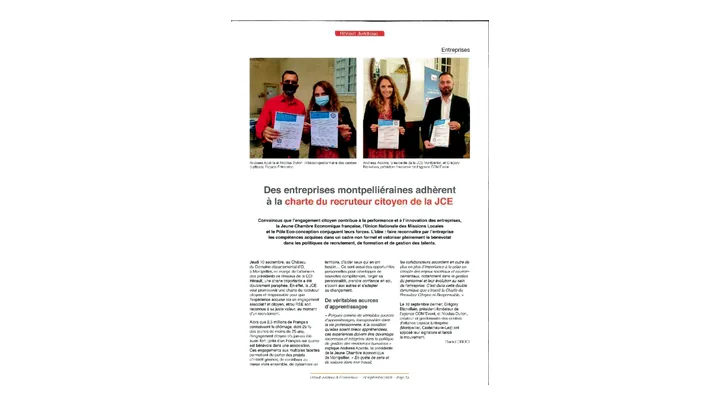 Hérault Juridique & Économique • 24 septembre 2020 - Charte du recruteur citoyen de la JCE - Article sur l’adhésion d’entreprises montpelliéraines, dont Espace Entreprise, à la charte du recruteur citoyen portée par la JCE.