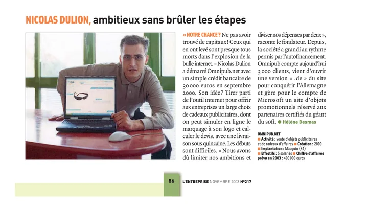 Article du journal L’Entreprise de novembre 2003 sur Nicolas Dulion et Omnipub.net