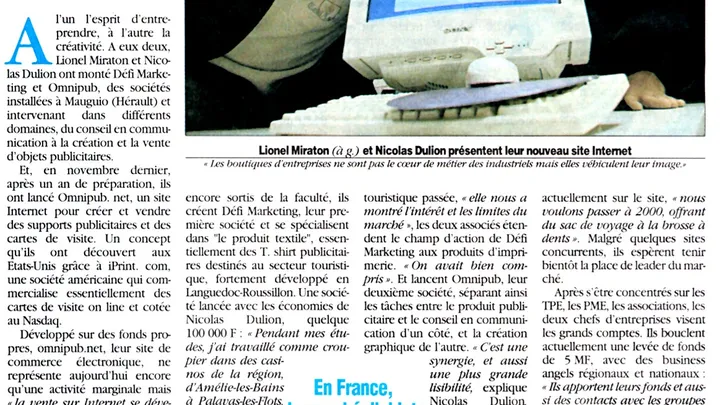 Article Midi Libre 2001 sur Omnipub et le lancement d’un site e-commerce par Nicolas Dulion